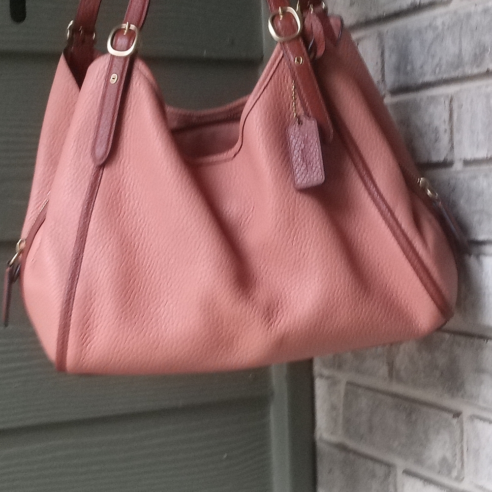 The Coach C6627 Lori Brass Light Coral Multi Colorblock Pabbled Leather Shoulder